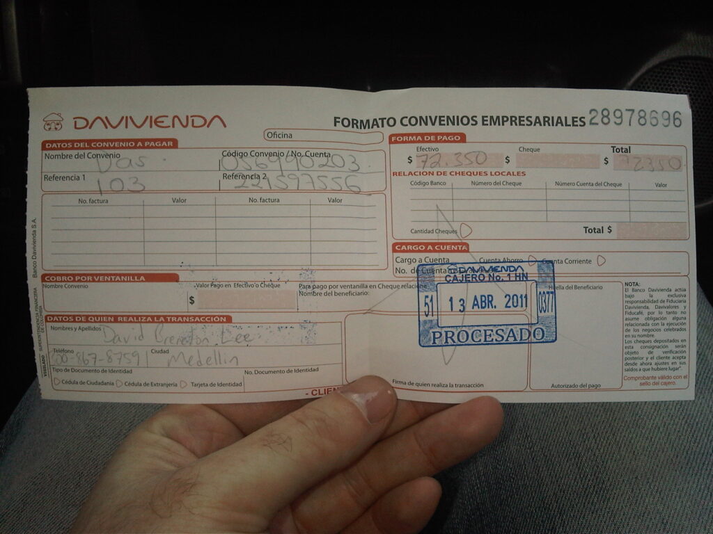 Completed Davivienda deposit slip Completed Davivienda deposit slip