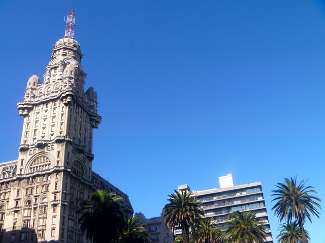 Montevideo's Palacio Salvo, beneath a beautiful, blue sky.