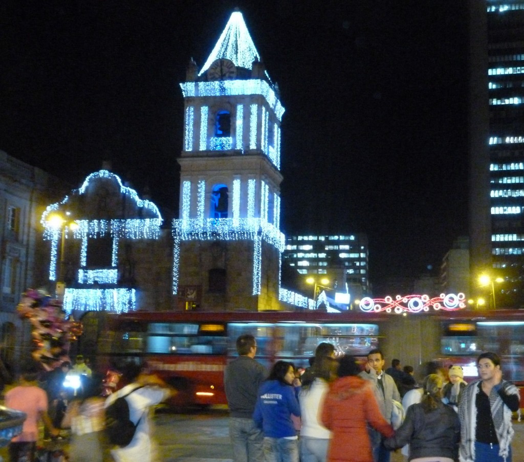 One of downtown Bogotá's churches at night, adorned with Christmas lights. 