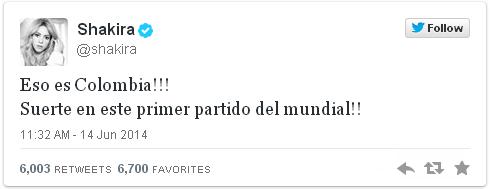 Shakira Tweets for Colombia