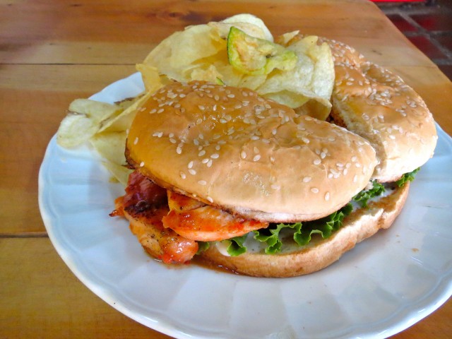 The Buffalo chicken sandwich at Flip Flop Sandwich Shop is quite spicy, how I like it. 