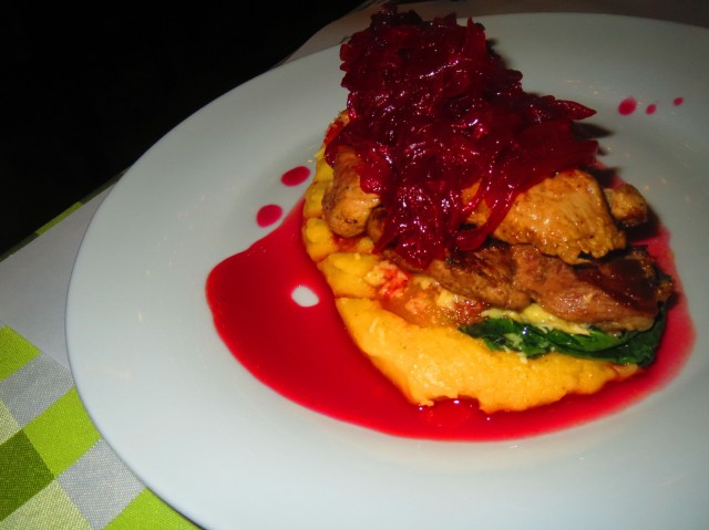 The sauteed pork with mashed potatoes and spinach, topped with a sweet relish, was worth the 15,900 pesos. 