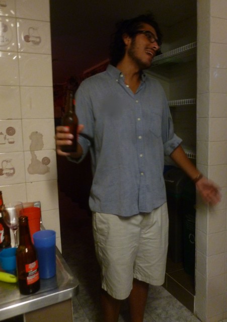 One of those rare occasions when a Colombiano wears shorts at night, in this case, to a party at The Wandering Paisa hostel. 