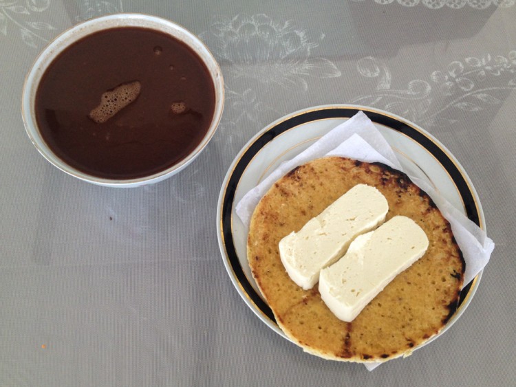Arepa with cheese and hot chocolate