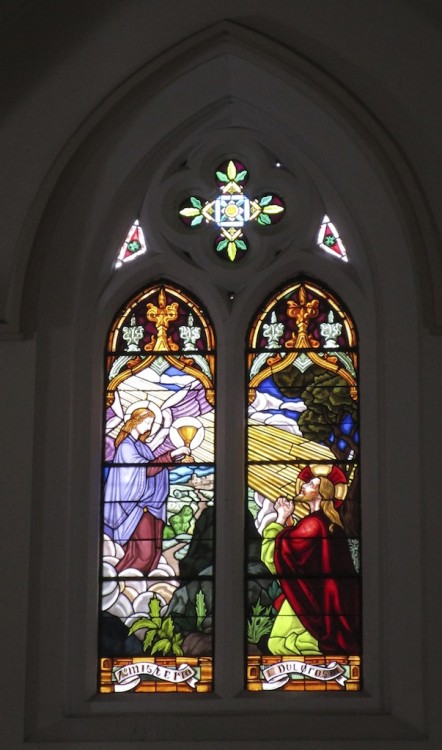One of the stained glass windows in the church