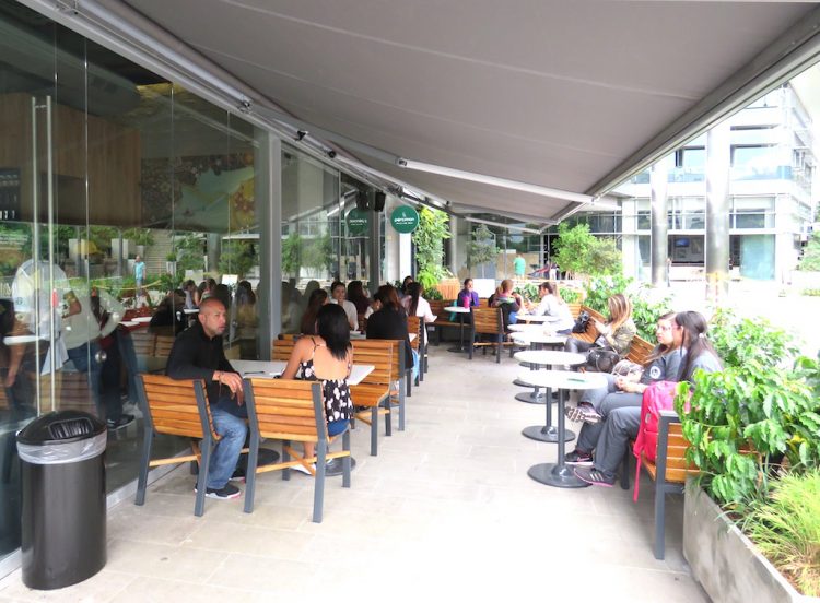 Outside tables at the new Starbucks in Medellín