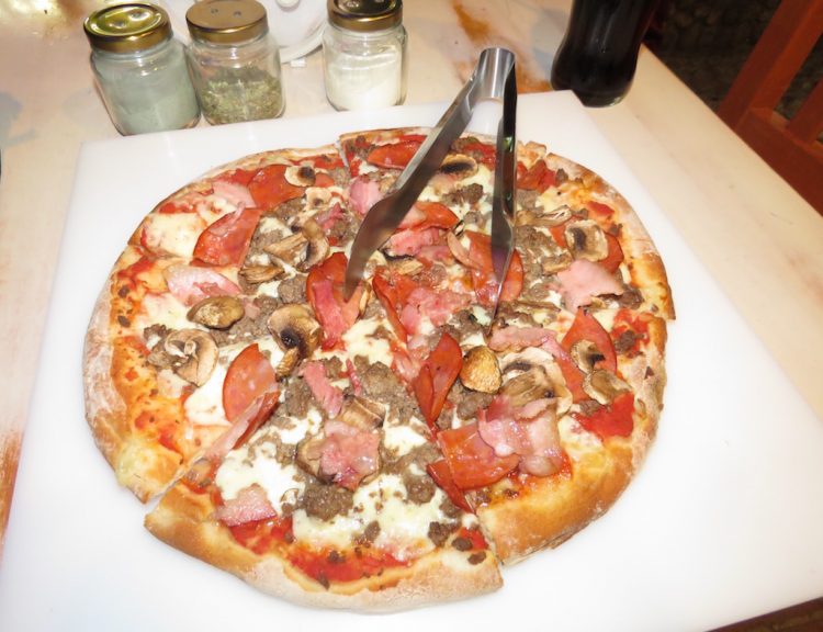 Amantes de la Carne (meat lovers) pizza, my favorite at Pizza en Leña