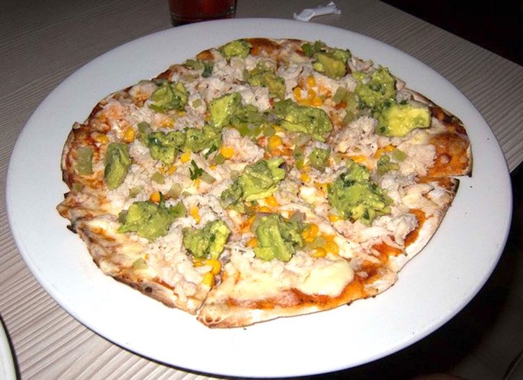 BBQ chicken pizza with cheese, avocado and corn, Dave's favorite