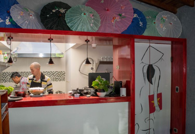 The District 1 kitchen adorned with colorful umbrellas