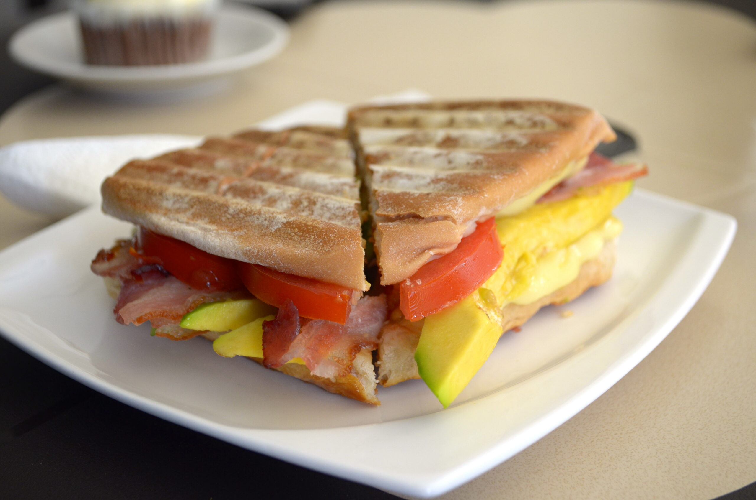 Bacon, avocado, tomato and mozzarella cheese panini. 5,000 ($2.65) 
