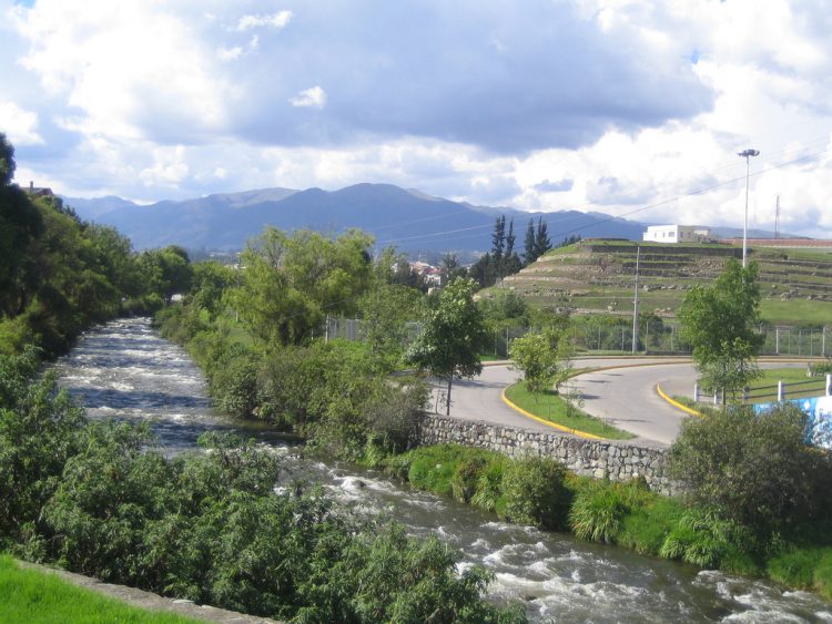 Tomebamba River in Cuenca and Pumapungo ruins at right (photo by Micah MacAllen)