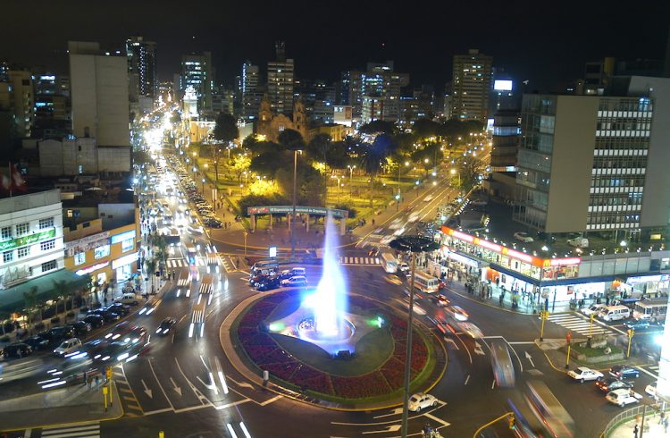 Miraflores neighborhood in Lima at night