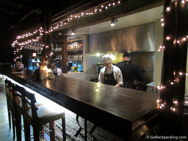 The bar and grill decorated with Christmas lights