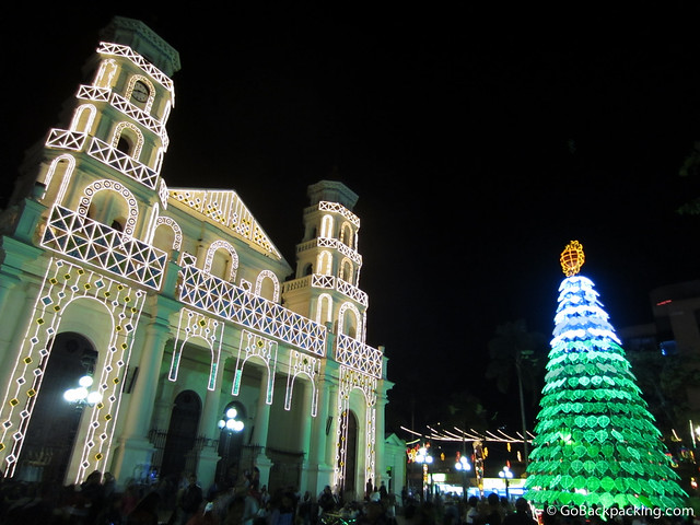 Envigado Church A broader view of Envigado's church, and the Christmas tree of lights in front of it