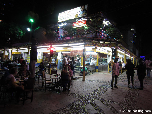 El Peregrino is located immediately to the right of the church in Parque Sabaneta
