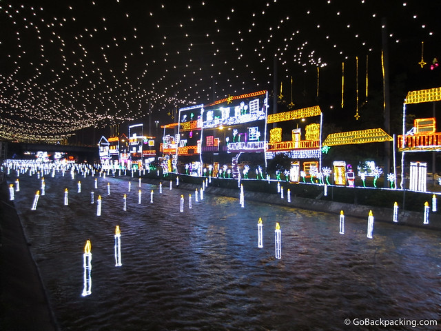 Christmas lights The lights above the river look like little stars, and the candles appear suspended
