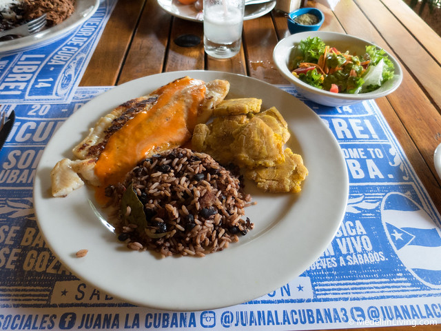 Robalo (fish) in a citric sauce, served with rice and beans, patacones and salad