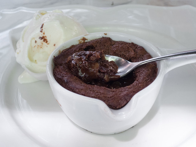 Milky Way volcano cake with vanilla ice cream