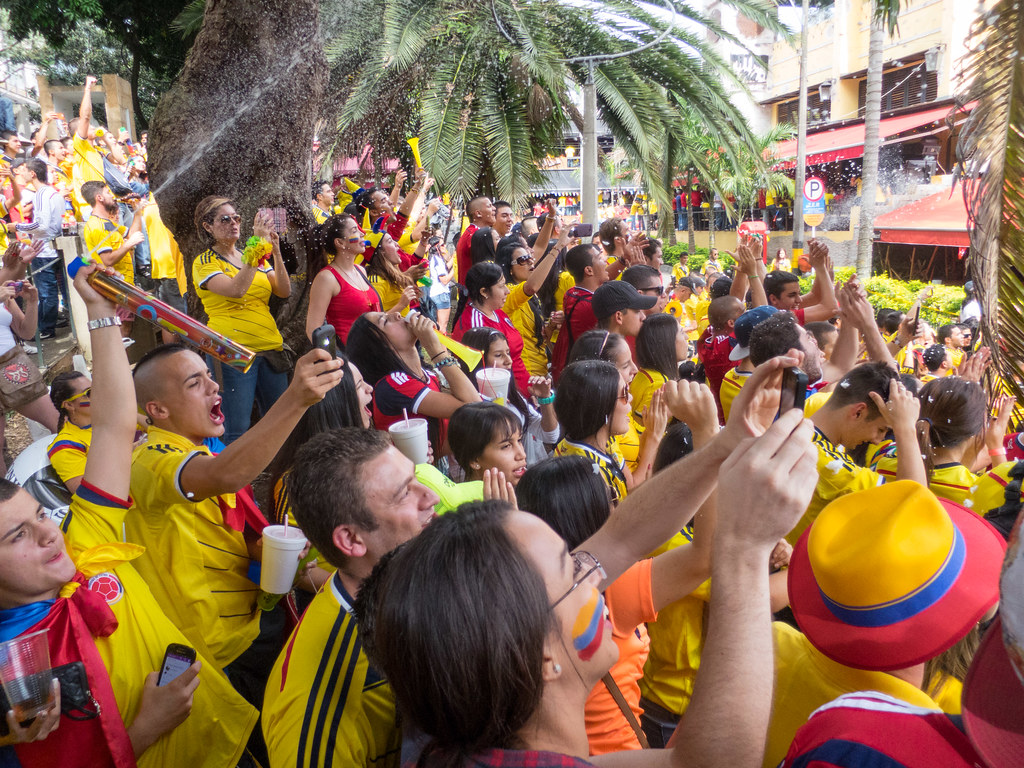 Colombians sing their national anthem ahead of the Brazil match