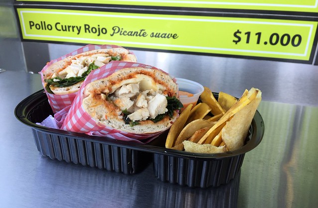 Chicken sandwich with a spicy red curry sauce