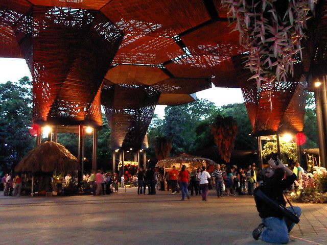 Troy photographs one of the hanging flower arrangements.