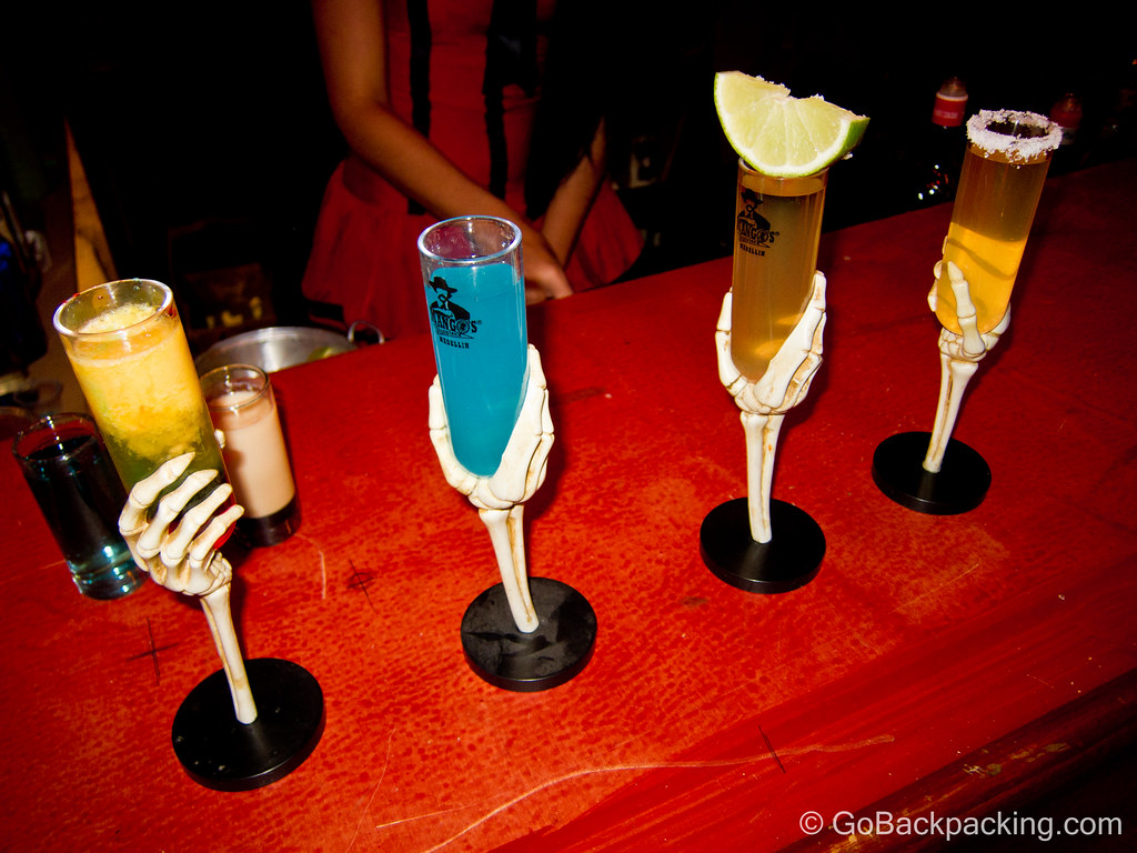 Colorful shots on display at the bar.