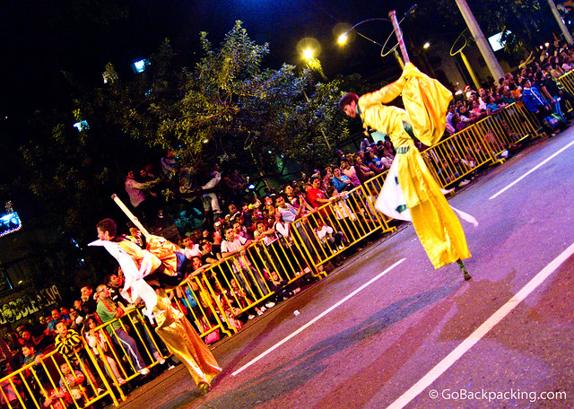 Young stiltwalkers show off.
