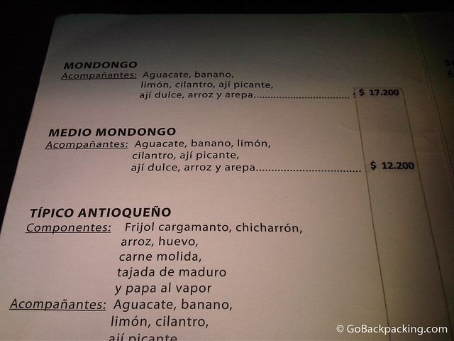 Mondongo's menu