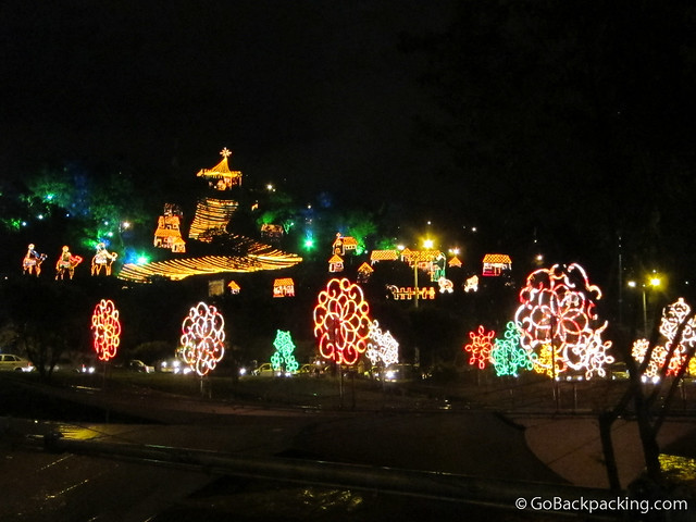 The December 2010 Christmas light display on Cerro Nutibarra as seen from the Medellin River