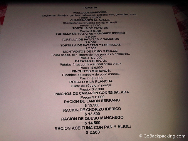 A page from the Tapas 10 menu