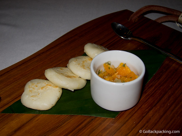 Complimentary arepas with fresh salsa.