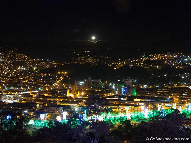 December 2012 view of the Medellin River with Christmas lights