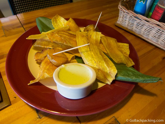 Complimentary plantains and potatoes with a dipping sauce