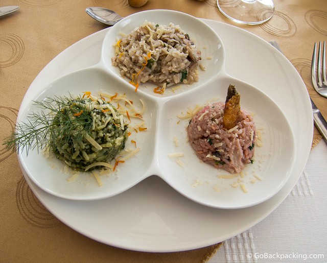 Third Course (other option): small portions of mushroom, green, and seafood risottos