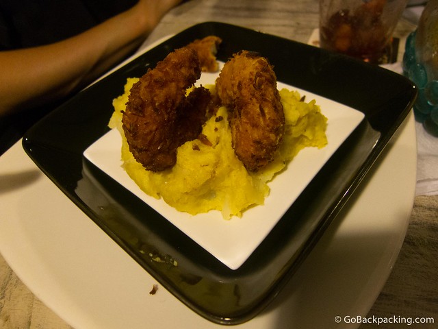 Coconut shrimp in a bed of pureed potatoes