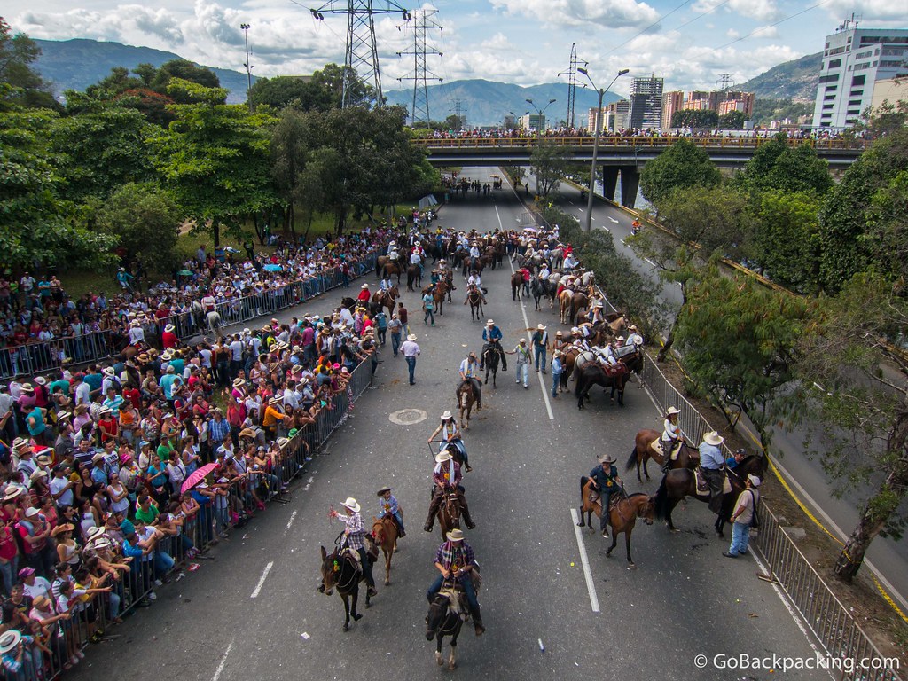 An overhead view of the parade route, as it makes a loop near the Poblado metro station